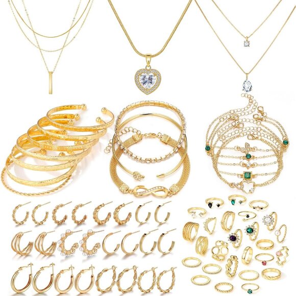 Jewelry - Gold Plated Jewelry Set for Women,14k Gold Plated Multi Layer Necklaces Stackabl